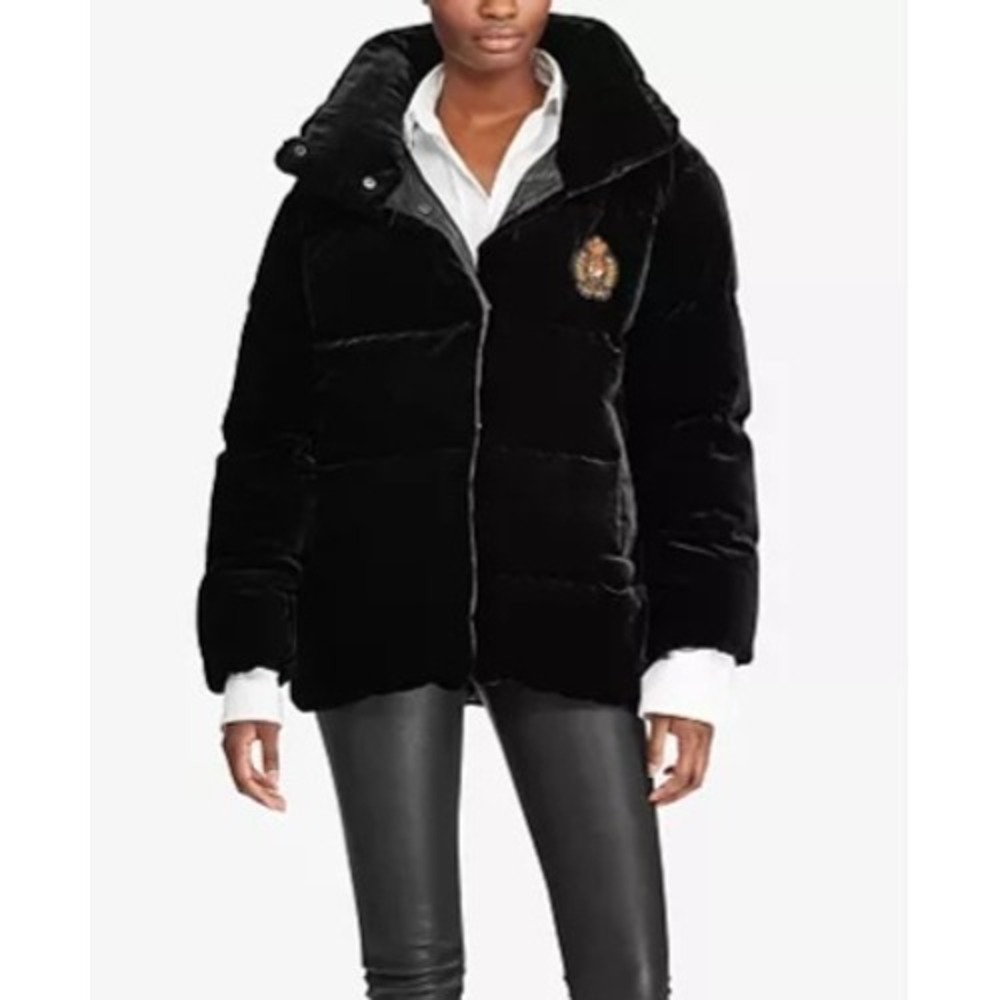 NWT Polo Ralph Lauren‎ Velvet Down Quilted Puffer Jacket Black Size XS